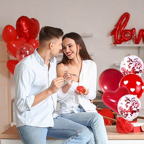 Image of 75 PCS Valentines Day Balloons with Red Heart Balloons and Printed Confetti Latex Balloons for Valentine's, Proposal, Wedding Party Romantic Decorations