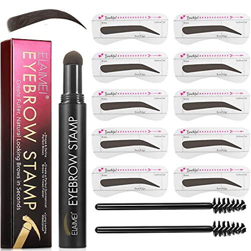 Eyebrow Stamp Stencil Kit, Brow Powder Stamp Makeup with 10 Reusable Eyebrow Stencils 2 Eyebrow Pen Brushes, Waterproof Eyebrow Stamp Makeup Tools for Women (Medium Brown)