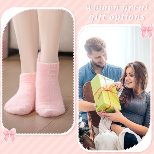 Image of Skicuff 5 Pair Women Bow Fuzzy Socks Coquette Cozy Fluffy Ankle Slipper Socks for Women Girls Gifts(Pink)