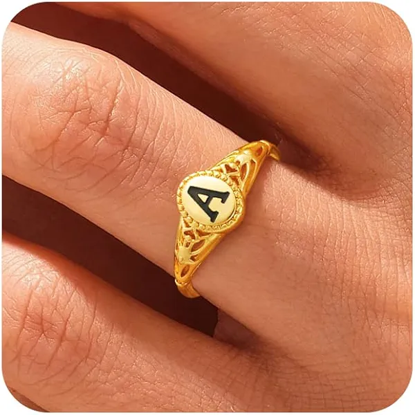 Honsny Dainty Initial Rings For Women Vintage 14k Gold Plated Chunky Gold Rings Non Tarnish Hypoallergenic Gold Stackable Rings For Mother Daughter Birthday Jewelry Gifts Size 6-10