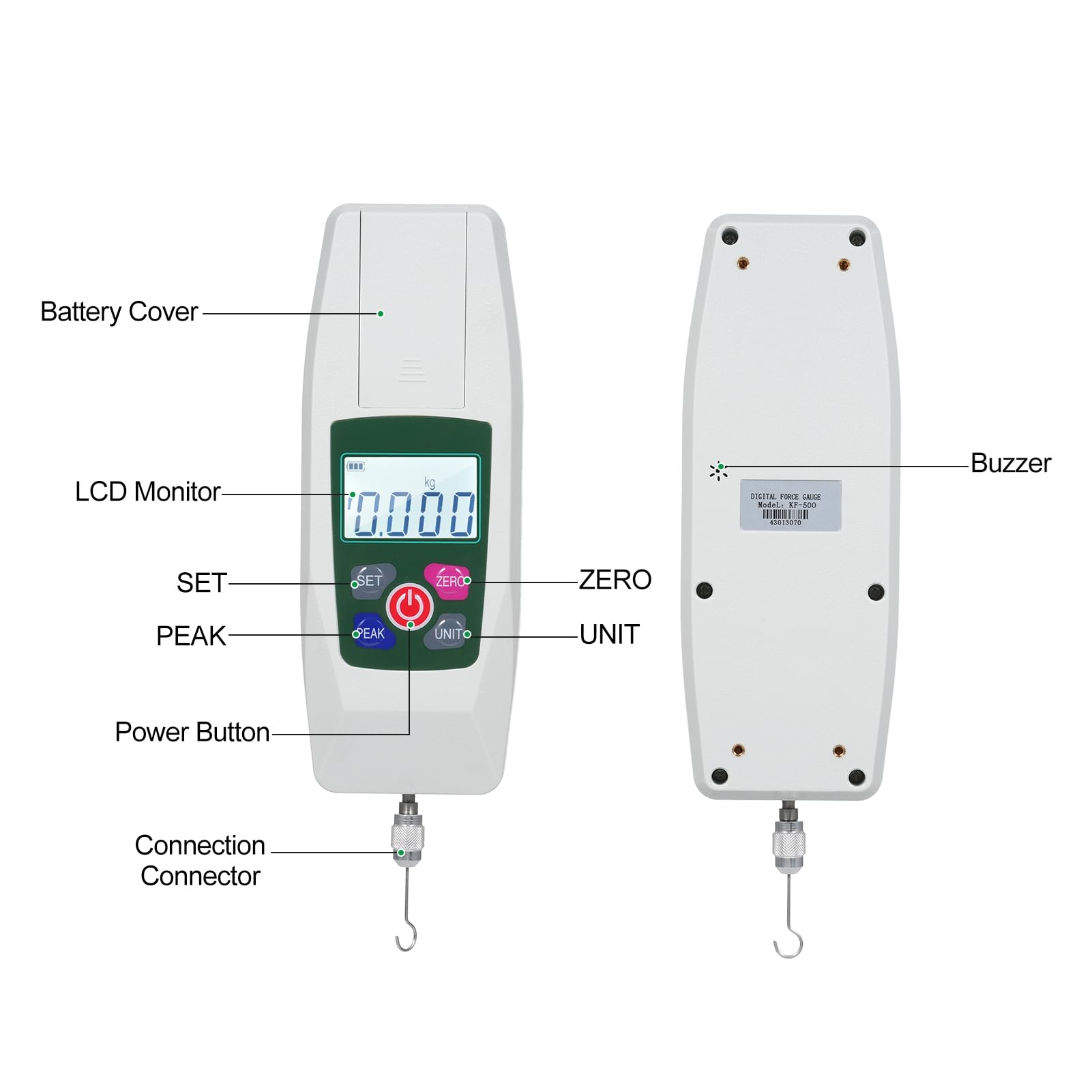 Medidor de fuerza Digital 500N 2 en probador de empuje y tracción dinamómetro multifuncional para pruebas de presión de tensión con apagado automático (KF-500)