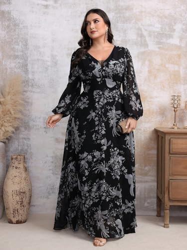 Spring Summer 2024 Plus Size Womens Dresses V Neck Casual Elegant Long Sleeve Floral Print Maxi Dress4