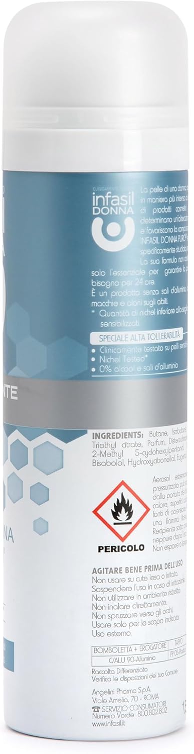 Infasil Donna Puro - 12 deodoranti spray per pelli sensibili, 0% sali di alluminio, senza alcool, nichel testato, protezione 24 ore, 150 ml + portachiavi in omaggio
