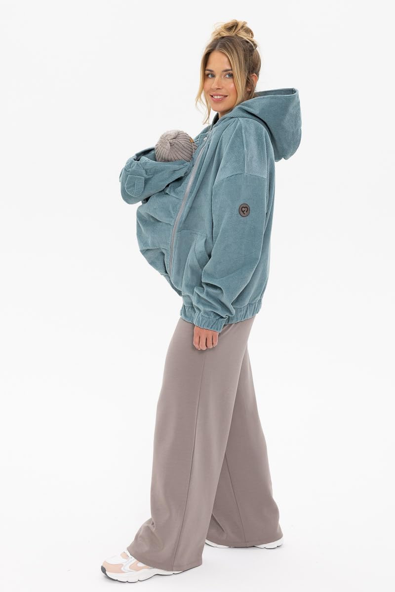 fun2bemum Cordjacke 3 in 1 Tragejacke Baby Umstandsjacke Oversize Herbstjacke für Mama mit Babytrage aus Baumwolle mit Einsatz (Standard, Aloe)