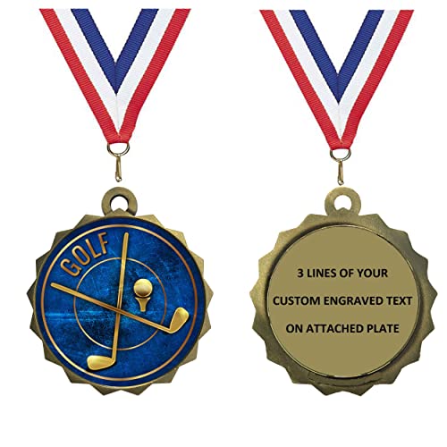 Express Medals Custom Golf Gold Medal Trophy Award with Neck Ribbon & Attached Engraved Plate on Back LAZD214-EG30 1PK