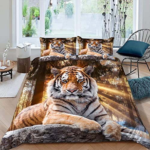 XIWEIER Parure de Lit 3 Pièces Tigre Animal la forêt Housse Couette 200x200 Enfant 2 Personnes 3D Motif avec Fermeture Éclair Hypoallergique Microfibre...