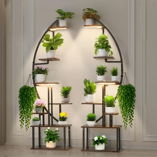 VEVOR Plant Stand Indoor with Grow Lights, 65.5 in Tall 7-Tiered Lighted Plant Shelf, 2 Pack Metal Corner Plants Holder, 3 Timer & 10 Brightness, Half-Moon Shaped Flower Display Rack for Living Room