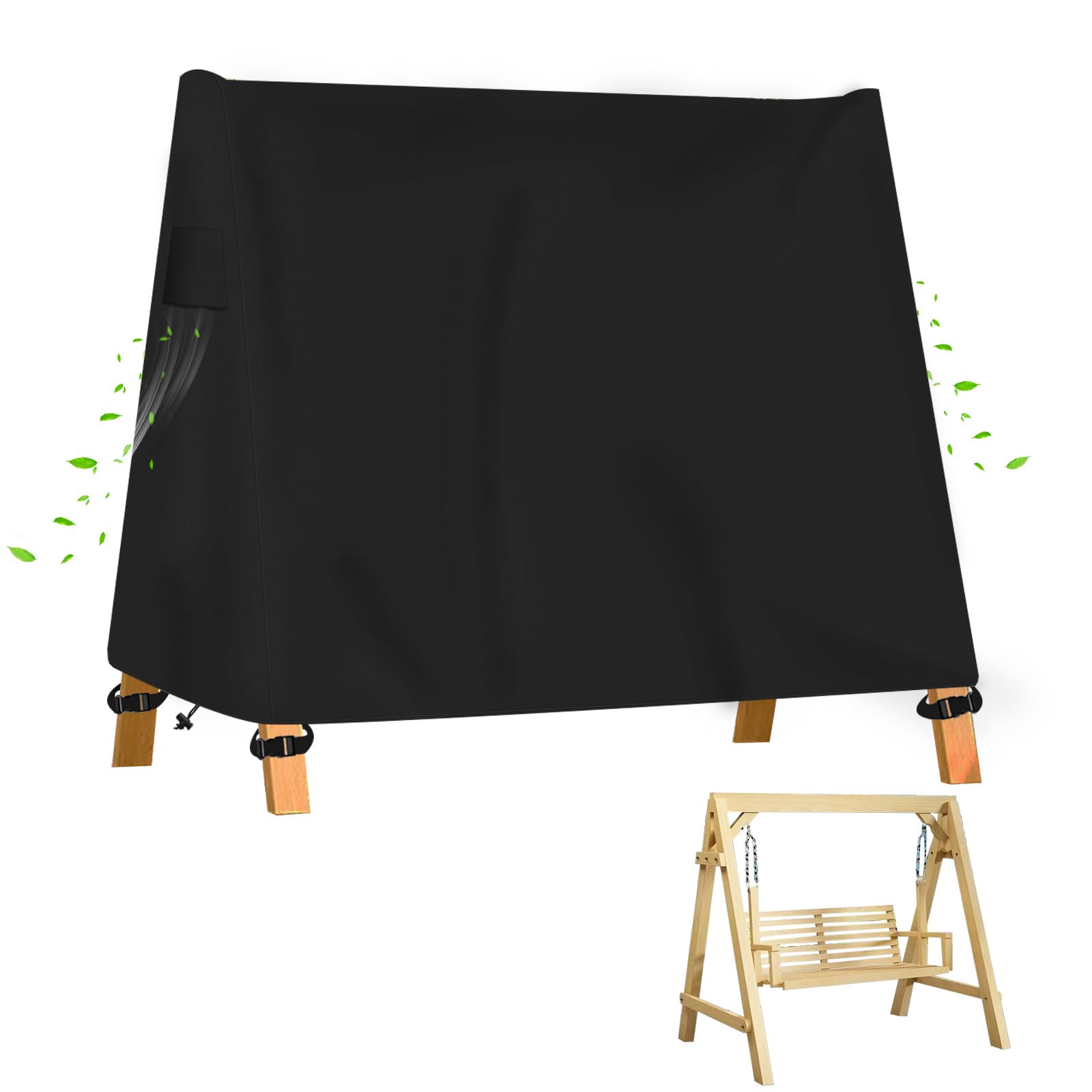 Housse de balançoire à cadre en A, Housse pour balançoire de porche tissu Oxford 600D robuste, imperméable, coupe-vent et résistant aux UV, avec poignée fluorescente, noire (200*140*180CM)