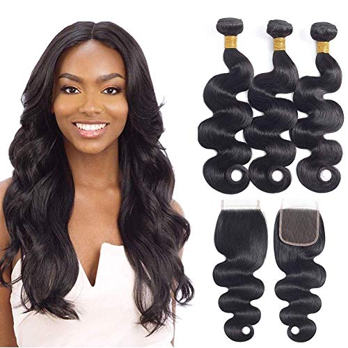 Allnice Brazilian Body Wave Virgin Hair Bundles with Lace Closure 8A Unprocessed Brazilian Body Wave Human Hair 3 Bundles with 4X4 Free Part Closure Natural Black Hair (14 14 14+12 Closure)