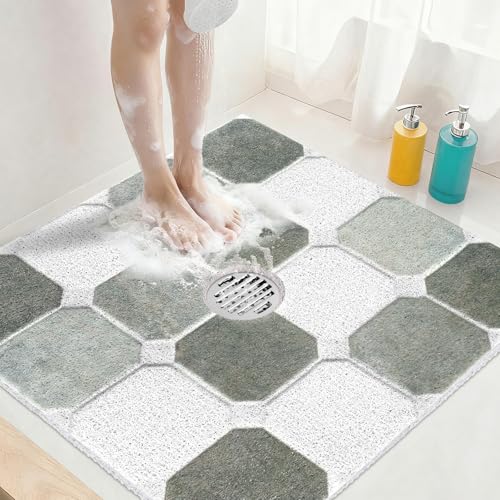 Image of Square Shower Mat Non Slip: 24x24 Inch Extra Large Shower Mats for Inside Shower, Non Slip Shower Mat with Drain Hole in Middle- Anti Slip Shower Floor Mat, Loofah Shower Stall Mats for Elderly