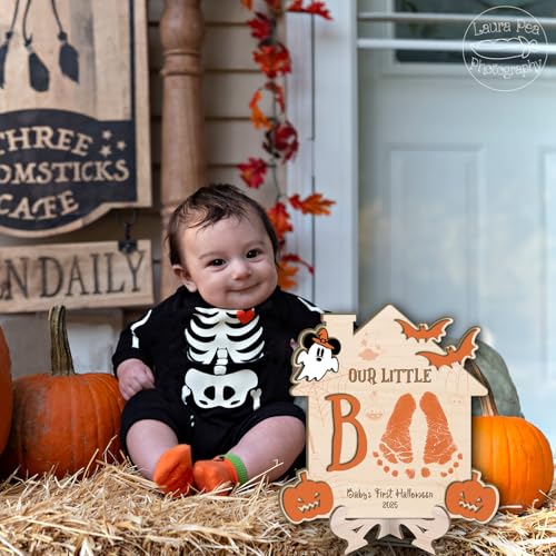 Image of My First Halloween Footprint Sign - Baby First Halloween Craft - DIY Baby Footprints - Baby's First Foot Print Sign - DIY Our Little Boo Footprint or Handprint Art Decorations (Wood Boo Orange)