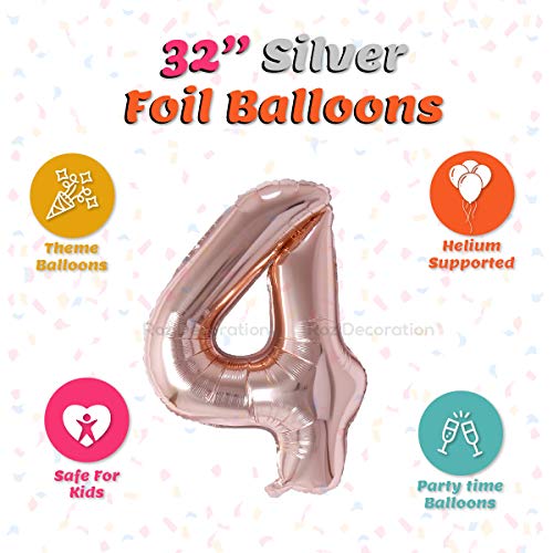 Image of Rozi Decoration 32 inch Inch Rose Gold 4 Number Rose Gold Helium Supported Foil Balloons | 4 Year Birthday Decoration Kit | 4th Anniversary Balloon Pack of 1 Pcs