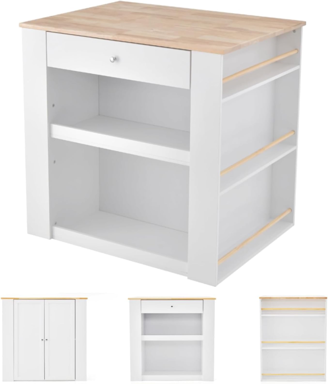 Large Kitchen Island, Buffet Sideboard with Rubber Wood Tabletop, Cabinet, Drawer & Spice Racks, Storage Organizer Unit Cupboard for Home Kitchen Dining Living Room