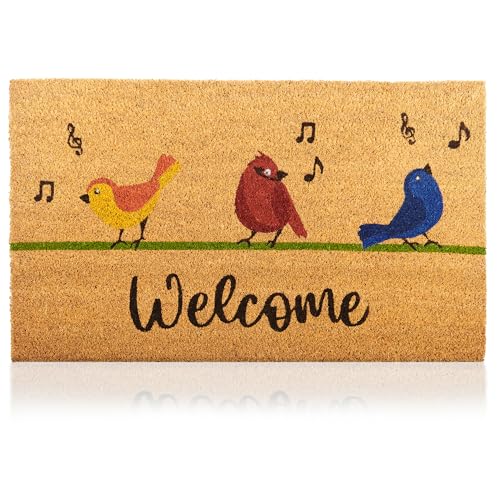 Paillasson Oiseaux Chanteurs en Fibre de Coco - 70x40cm - Tapis de Porte de Bienvenue, Surface Antidérapante PVC & Fibre de Coco-Entrée...