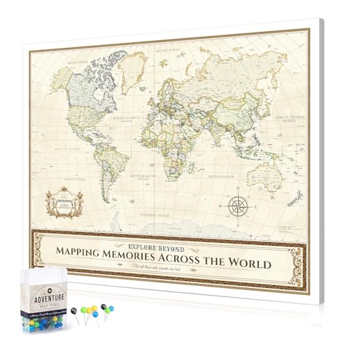 Image of DECORARTS - Large World Travel Map with Pins, Pin Board Canvas Wall Art, Colorful Classic Maps for Wall, Giclee Print on Canvas, Handcrafted in USA, 35x28''