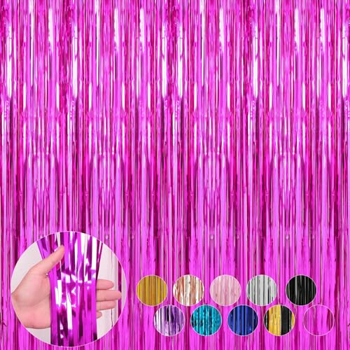 Image of 4 Pack Hot Pink Foil Fringe Curtains Door Streamers Party Decorations 3.3 x 8.2 ft, Tinsel Curtain Fringe Backdrop for Parties, Door Fringe Birthday Streamers, Photo Booth Backdrops, Party Decor