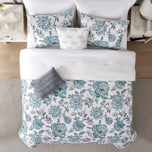 Image of Modern Threads 5-Piece Printed Comforter Set, Athenas Queen in White and Teal - Soft Comforter, 2 Pillow Shams, and 2 Decorative Pillows