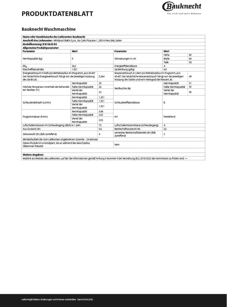 Bauknecht B W 9A30 BS Waschmaschine, 9 kg, 1400 U/min, Frontlader, Steam Therapy & Steam Technologie, Adaptive Wash, ColdWash, HomeWhiz, Energy Saver, leiser Inverter-Motor, Weiß