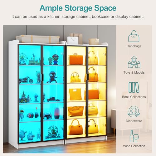 Lvifur 65\" LED Display Cabinet with Lights for Living Room, 5 Tier Bookcase with Adjustable Shelves for Office, Tall Storage Cabinet with Human Body Induction for Collectibles (White)