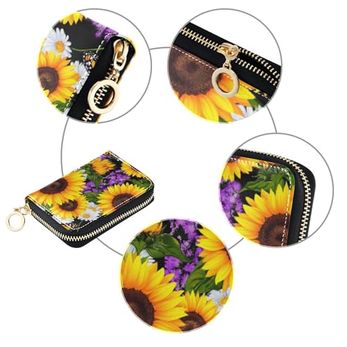 Zip Around Wallet for Women RFID Blocking Credit Card Holders Leather Zipper Travel Wallet with Key Ring Floral Vibrant Sunflowers4