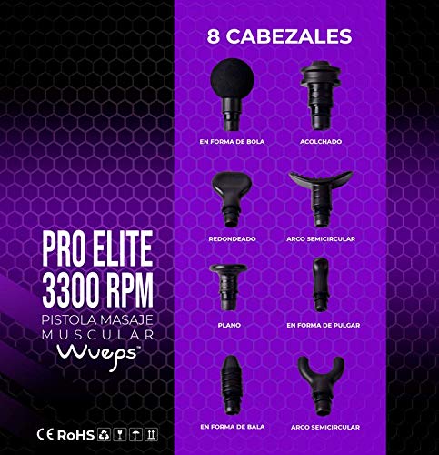 Wueps-Pistola-Masaje-Muscular-de-Tejido-Profundo-Masajeador-ProElite-Carbono-3300-Golpes-Por-Minuto-y-8-cabezales-Alivio-de-Dolores-musculares-espalda-Uso-idoneo-para-Deportistas-Masajistas
