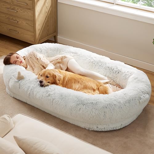 Bedsure Calming Human Dog Bed, 71' x 44' x 12' Giant Human Dog Bed for Adults People Fits Pet Families with Storage Pocket, Fluffy Faux Fur Orthopedic Pet Bean Bed, Frost Grey
