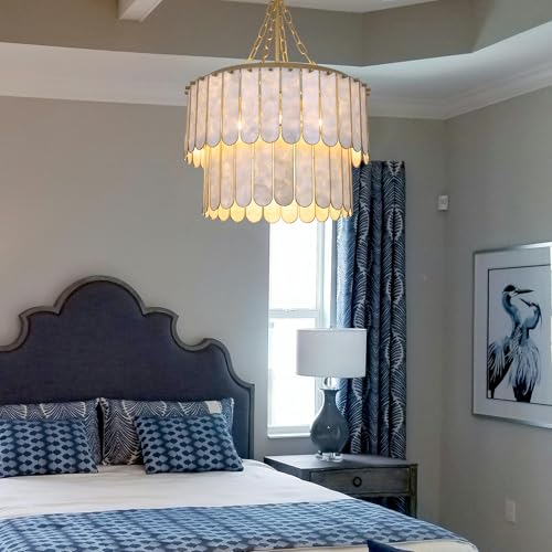 TOCHIC Shell Chandelier Light Fixture, 5-Light Capiz Chandelier Coastal Gold Bathroom Chandeliers Over Tub, Modern Seashell Round Hanging Pendant Lighting for Dining Room Living Room Bedroom Hallway - Image 5