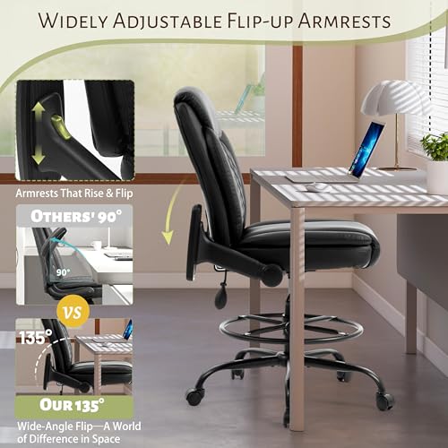Image of Drafting Chair,Executive Tall Office Chair Flip-up Armrests for Counter Height Desk Drawing Use,High Task Chair with Adjustable Foot Ring & Inflatable Lumbar Support, Swivel Computer Stool,PU Black