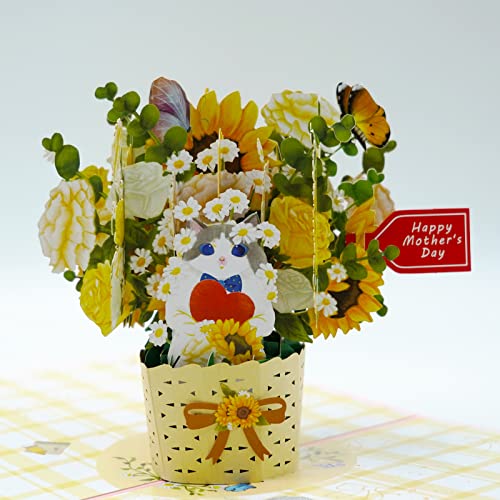Ecloverlife Mothers Day Pop-Up Card, Sunflower Mothers Day Card,3D Pop-Up Greeting Cards For Wife, Mom, Grandma, Her-5.8'' X 7.8"- Includes Envelope And Notecard (Sunflower And Cat) #TOP5