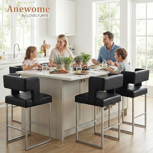 Image of 26 inch H Bar Stools Set of 4 with Back, Faux Leather Counter Height Stools with Footrest, Square Metal Frame, Modern Upholstered Bar Chairs for Kitchen Island /Dining Room, Black & Silver Legs
