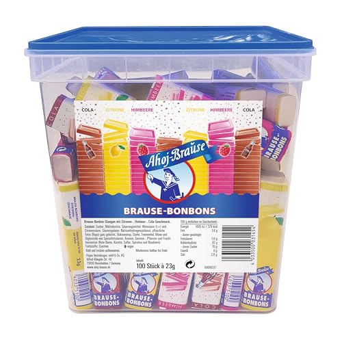Frigeo Ahoj-Brause Brause-Bonbon-Stangen Brause-Bonbons verpackt als Stange 3 verschiedene Geschmacksrichtungen: Zitrone, Cola und Himbeere - 2.3 kg Eimer mit 100 Stangen