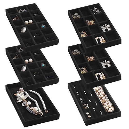 Frebeauty Lot de 6 plateaux de rangement empilables en velours pour bijoux, inserts de tiroirs pour femmes et filles, présentoir pour bagues, colliers et boucles d'oreilles, noir