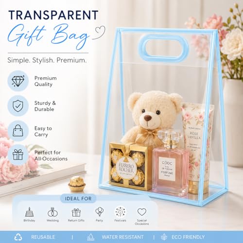 Image of SATYAM KRAFT 6 Pcs Translucent Multipurpose Reusable Gift Bags | Gift for Her /Him, Wedding Return Gifts Baby Shower Anniversary Birthday Hamper Shopping, Party Favors (Blue - Small)