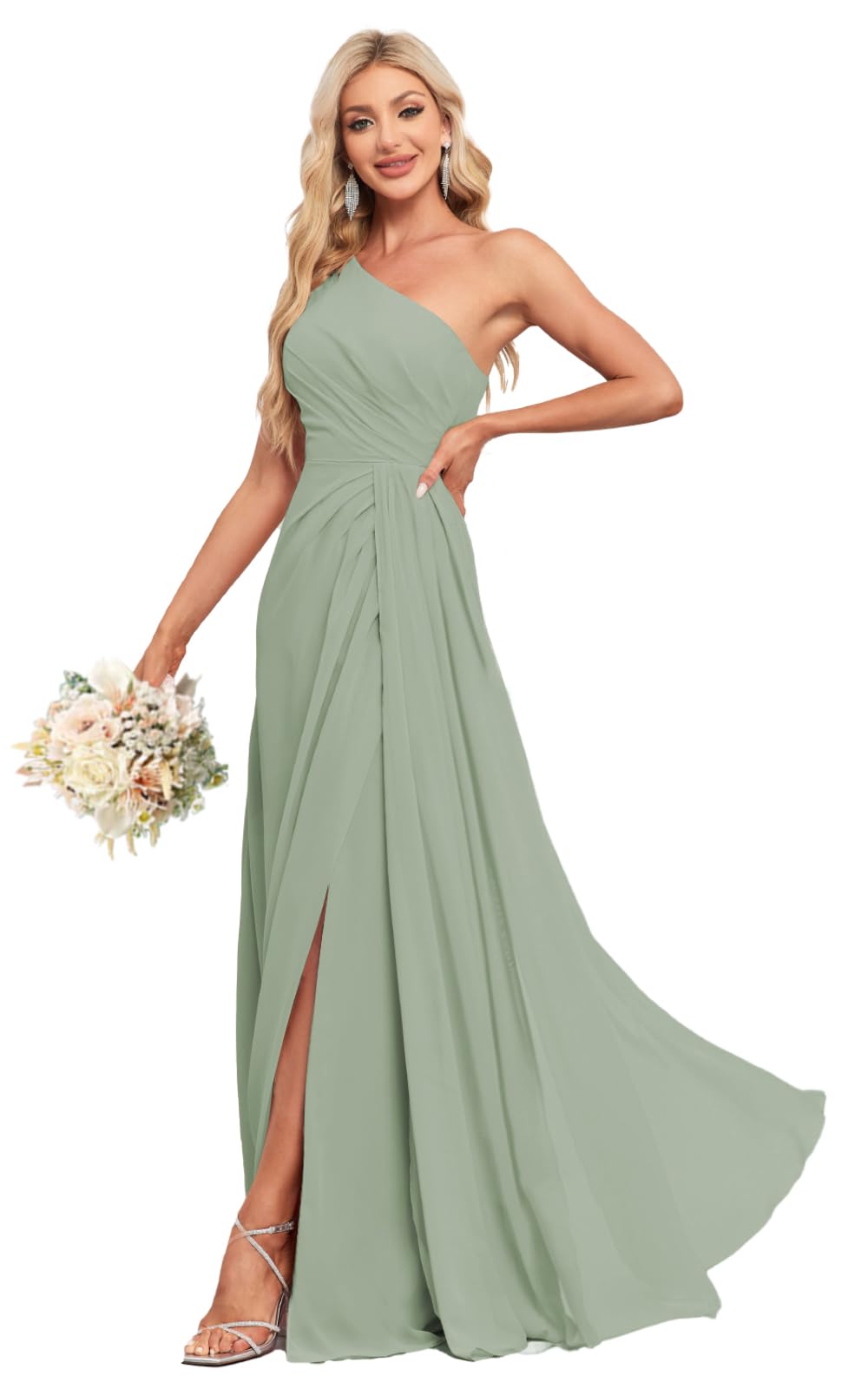 SKAKON One Shoulder Bridesmaid Dress for Wedding Long Ruched Chiffon A Line Formal Evening Dress with Slit