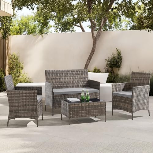 EVRE Outdoor Furniture Set 4 Seater Rattan Garden Furniture Set with Glass Coffee Table 2 Chairs & Loveseat Sofa Patio Furniture Set with Cushions for Garden Balcony & Conservatory