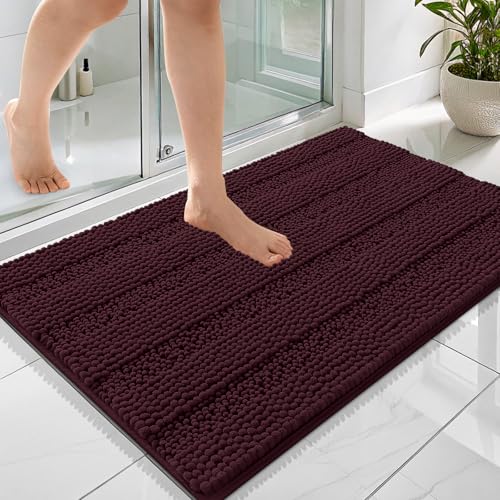 Image of OLANLY Thick Bathroom Rugs 36x24, Extra Soft Absorbent Chenille Striped Bath Rugs, Rubber Backing, Machine Wash Dry, Bath Mats for Bathroom Floor, Tub and Shower, Home Decor Accessories, Black Cherry