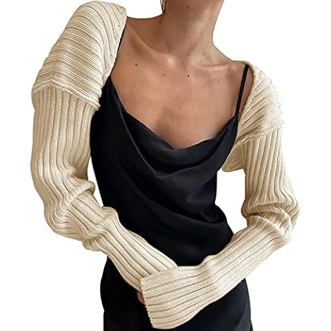 Cioatin Women’s Puff Long Sleeve Rib Knit Bolero Shrug Crop Cardigan Y2K Open Front Drop Shoulder Sweater Pullover, Apricot, M Cover