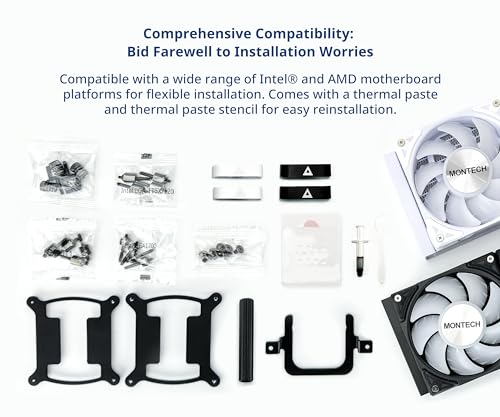 Montech HyperFlow ARGB 240mm-AIO CPU Liquid Cooler-for Intel LGA 1700/1200/15X/2066, AMD AM3/AM4/AM5 Sockets-Enhanced 3100RPM Water Pump Design-3x 120mm High-Performance PWM 4 Pin Fans-White 3