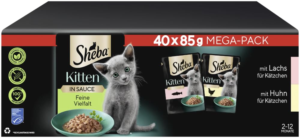 2x40x85g Sheba Katzenfutter Nassfutter Kitten Feine Vielfalt in Sauce Portionsbeutel Lachs Huhn Alleinfuttermittel für heranwachsende Katzen - Tiernahrung