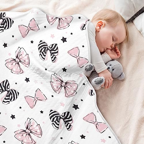 Image of Swaddle Blanket for Pink and Black Bow Baby Receiving Blanket Muslin Baby Swaddles Soft Cotton Breathable Nursery Blankets for Unisex Boys and Girls 30x40 Inch