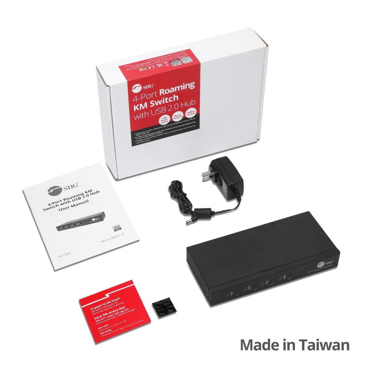 SIIG Interruptor de control de itinerancia de teclado y mouse de 4 puertos con hub USB 2.0, interruptor KM, compatible con Windows, Mac y Linux, teclas de acceso rápido, compatible con TAA (JU-SW4311