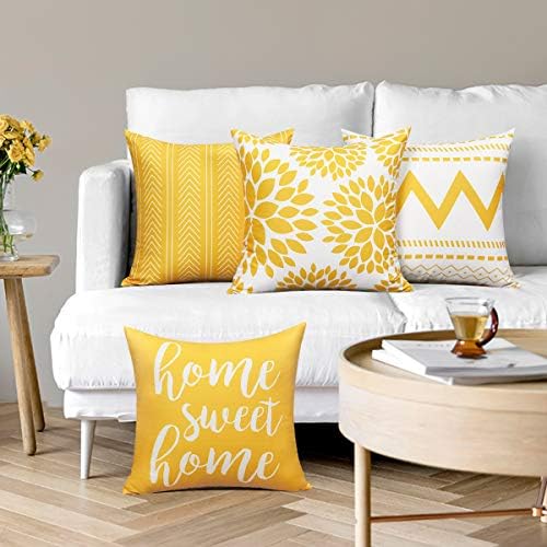 Alishomtll Geometric Throw Cushion Covers Set of 4 Decorative Pillowcases Home Sweet Pillow Covers Outdoor Cushion Covers for Couch Sofa (Yellow, 18 x 18 Inch)