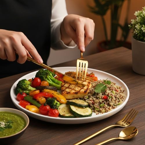 Image of 25 Pcs Gold Cutlery Set for Dining Table the Perfect Lightweight Silim Handle Tableware Including Dinner Spoon, Dinner Fork, Dinner Knife, Dessert Spoon & Dessert Fork