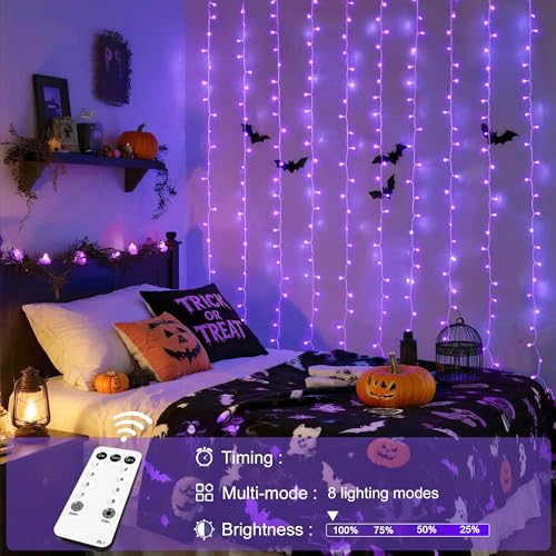 Image of JMEXSUSS 300LED Purple Halloween Lights, 9.8x9.8ft Curtain Lights Plug in | With Remote, 8 Modes, Hanging String Lights for Indoor, Outdoor, Bedroom, Window, Party, Backdrop, Xmas, Halloween Decoration