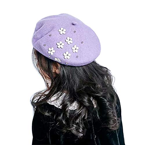 Orityle Girls Winter Wool Beret Classic French Style Beanie Princess Dome Hats Caps With Flower Purple #TOP8