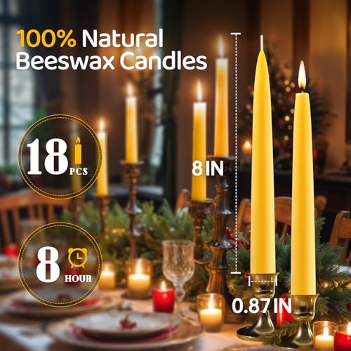 Image of Beeswax Taper Candles,100% Natural Bees Wax Candle Sticks,18 Pack,8 Inch