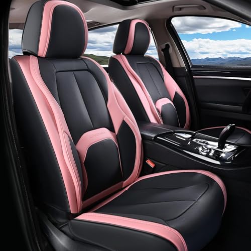 Image of Coverado Seat Covers, Car Seat Covers Front Seats, Nappa Leather Seat Covers for Cars, Waterproof Car Seat Protector with Lumbar Support, Front Seat Covers Universal Fit for Most Cars (Black&Pink)