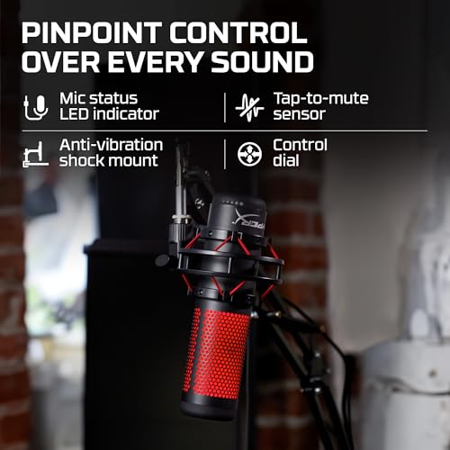 HyperX QuadCast - USB Condenser Gaming Microphone, for PC, PS4, PS5 and Mac, Anti-Vibration Shock Mount, Four Polar Patterns, Pop Filter, Gain Control, Podcasts, Twitch, YouTube, Discord, Red LED