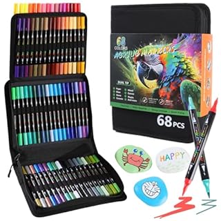 HYNEXLK Acrylic Paint Pens Paint Marker - 68 Colours Dual Tip Brush Paint Markers for Rock Painting, Glass, Ceramic, Stone Wood, Canvas - Fine & Brush Tip DIY Crafts Making