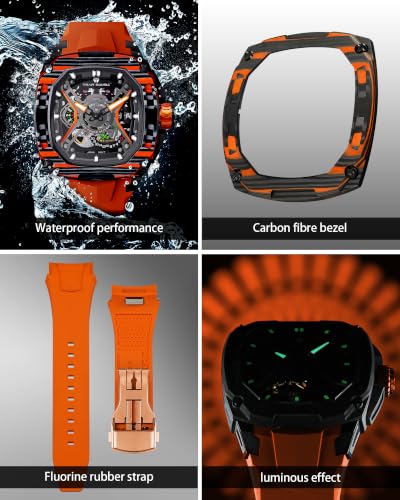Image of TSAR BOMBA Luxury Mechanical Watches for Men with Carbon Fiber Case Men Wristwatch Luminous 5ATM Water Resistant Men's Watch with Fluorine Rubber Strap Great Gifts for Men